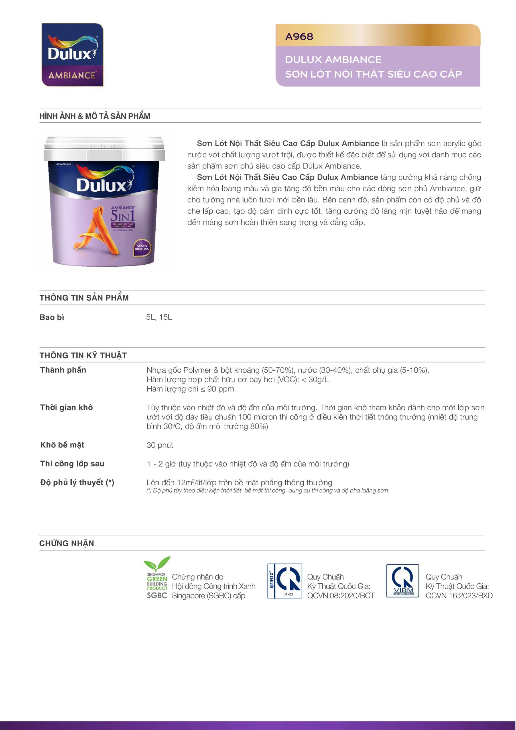 Sơn Lót Nội Thất Siêu Cao Cấp Dulux Ambiance A968-15L